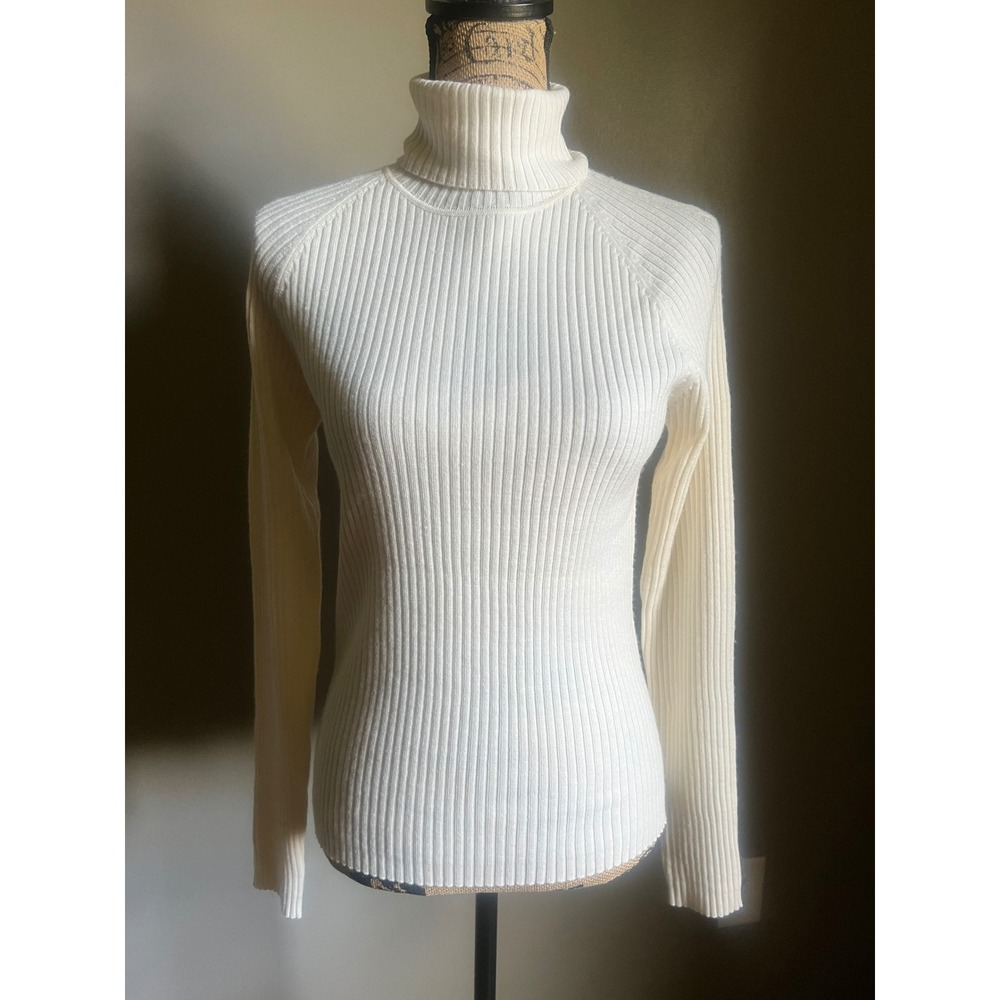 111 State Ribbed Turtleneck Sweater Cream Wool Blend preppy academia office